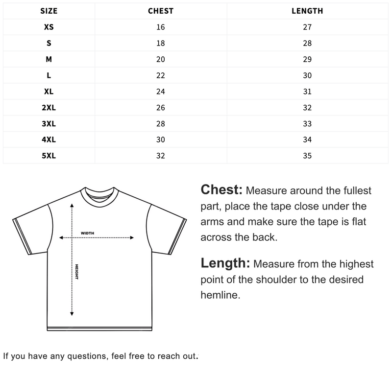 Size chart for Meadow Made T-shirt